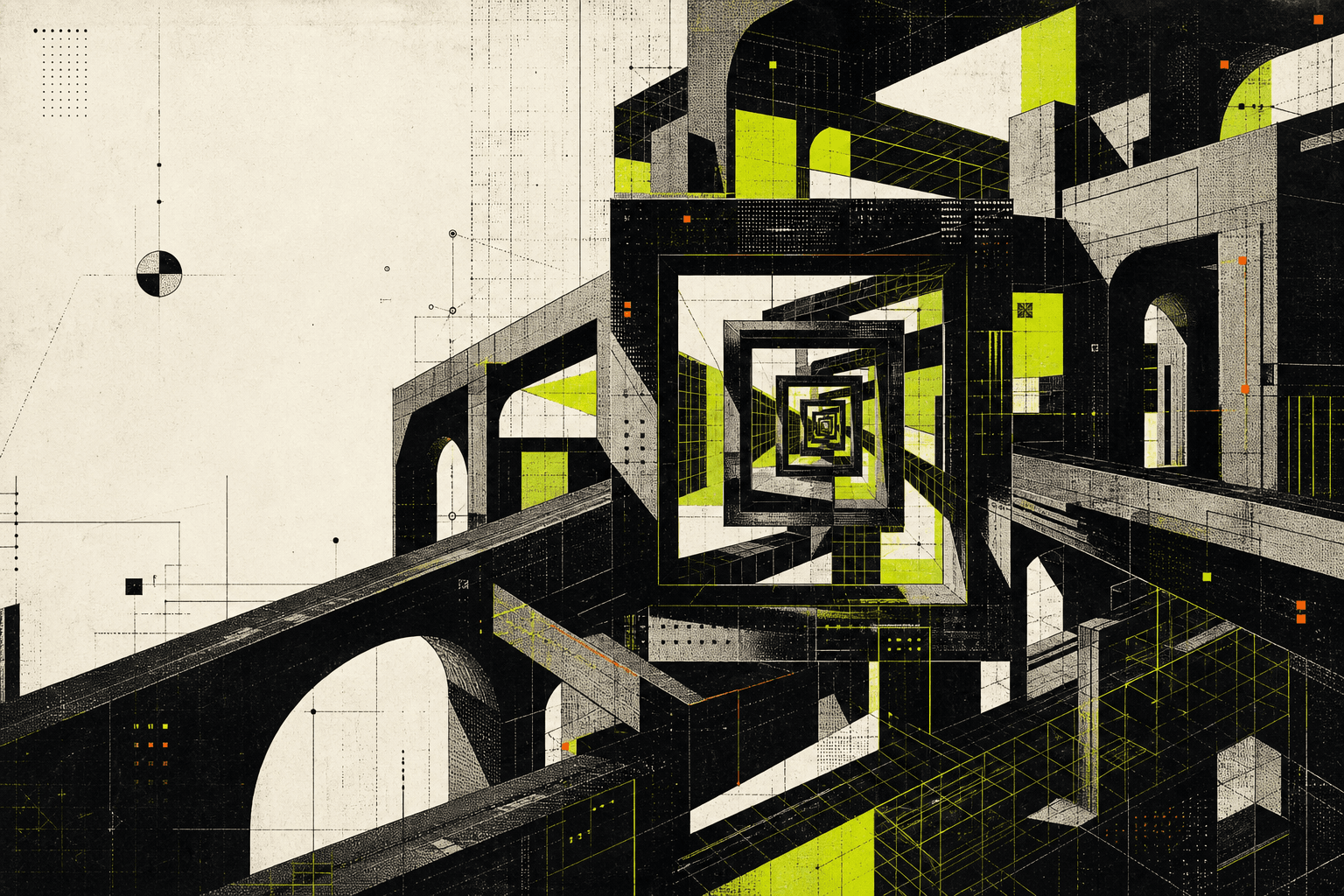 A chartreuse recursive architectural world of bridges, stairs, and nested structures